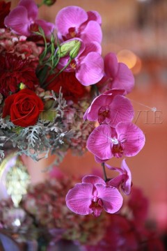 A bouquet featuring a red rose and cascading purple orchids.