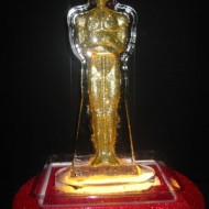 Golden Oscar statuette encased in clear display box on red base.