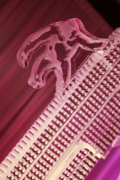 Intricately carved architectural detail with a dramatic lighting effect.