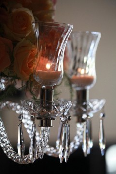 Elegant crystal candle holders with lit candles and soft floral background.