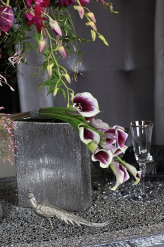 Elegant calla lilies arranged in a modern silver vase.