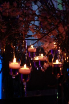 Softly glowing candles hang amidst dark branches, creating a magical, warm ambiance.
