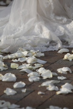 White rose petals scattered on a wooden floor beneath a white lace dress.